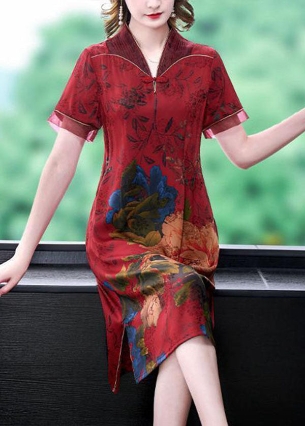 Red Chinese Style Silk Long Dresses Print Side Open Summer LY1680 - fabuloryshop