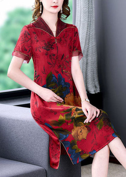 Red Chinese Style Silk Long Dresses Print Side Open Summer LY1680 - fabuloryshop