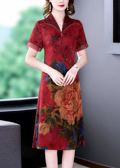 Red Chinese Style Silk Long Dresses Print Side Open Summer LY1680 - fabuloryshop