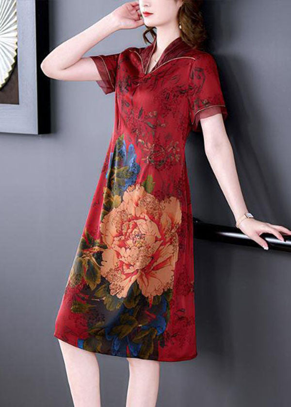 Red Chinese Style Silk Long Dresses Print Side Open Summer LY1680 - fabuloryshop