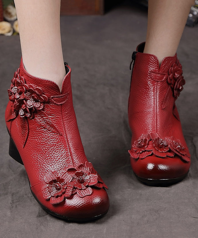 Red Chunky Cowhide Leather Comfy Floral Splicing Boots Ada Fashion