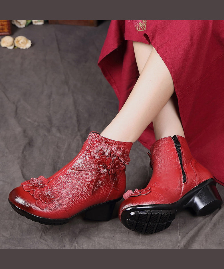 Red Chunky Cowhide Leather Comfy Floral Splicing Boots Ada Fashion
