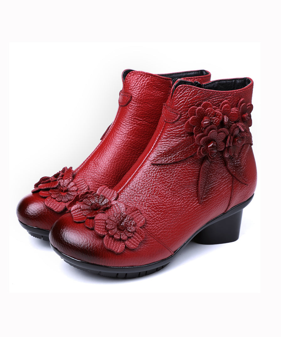 Red Chunky Cowhide Leather Comfy Floral Splicing Boots Ada Fashion