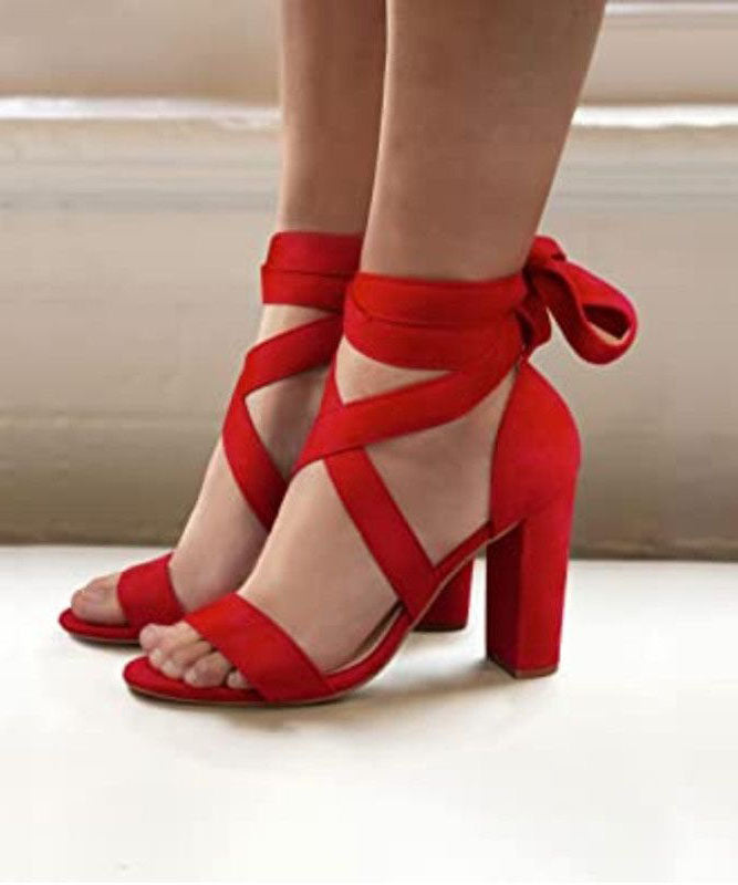 Red Chunky High Heels Faux Leather Fine Splicing Peep Toe Lace Up LY4306 - fabuloryshop