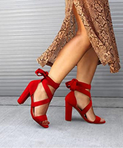 Red Chunky High Heels Faux Leather Fine Splicing Peep Toe Lace Up LY4306 - fabuloryshop