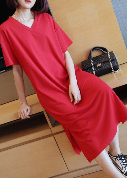 Red Cotton Straight Dresses V Neck Side Open Summer LY1463 - fabuloryshop