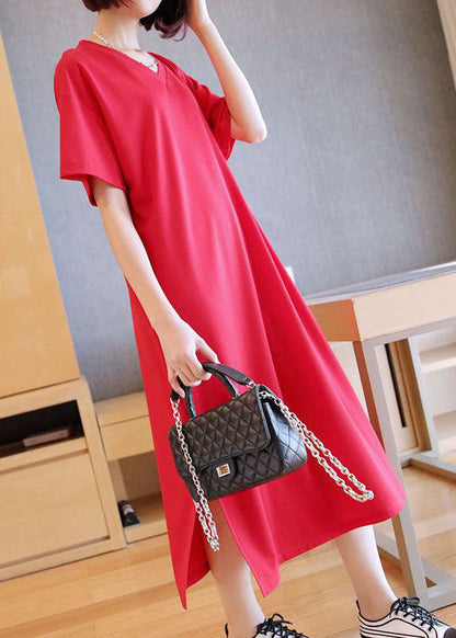 Red Cotton Straight Dresses V Neck Side Open Summer LY1463 - fabuloryshop