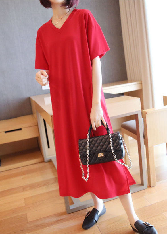 Red Cotton Straight Dresses V Neck Side Open Summer LY1463 - fabuloryshop