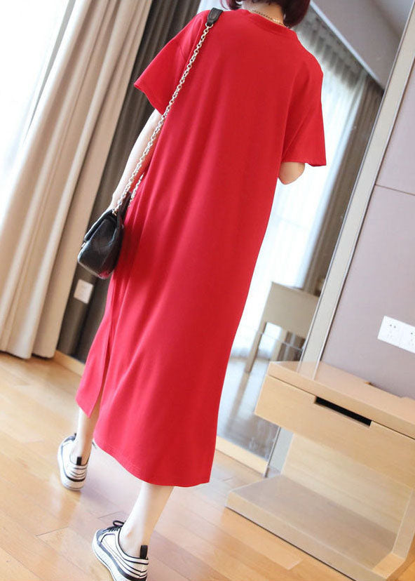 Red Cotton Straight Dresses V Neck Side Open Summer LY1463 - fabuloryshop