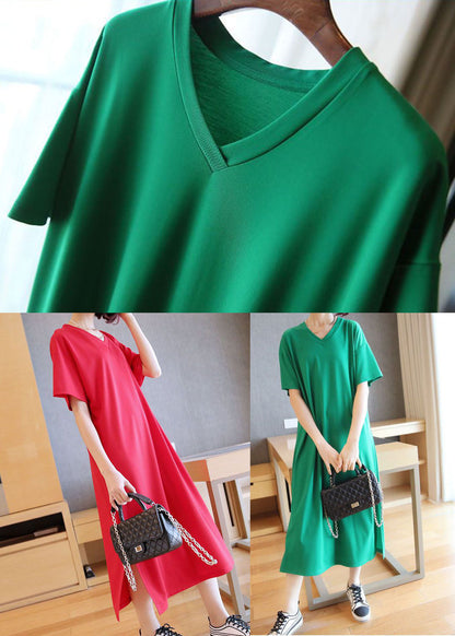 Red Cotton Straight Dresses V Neck Side Open Summer LY1463 - fabuloryshop