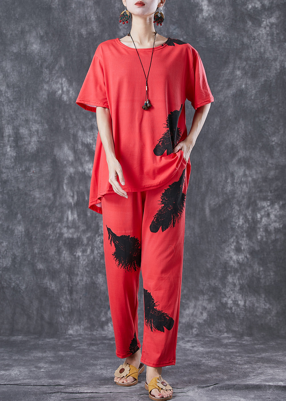 Red Cotton Two Pieces Set Oversized Feathers Print Summer LY6753 - fabuloryshop