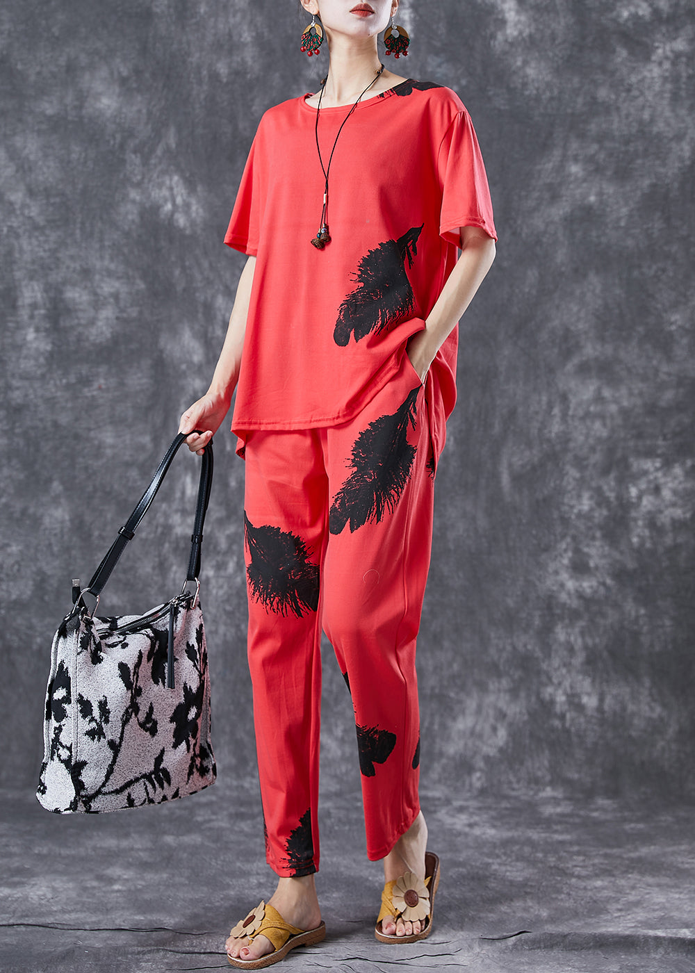 Red Cotton Two Pieces Set Oversized Feathers Print Summer LY6753 - fabuloryshop