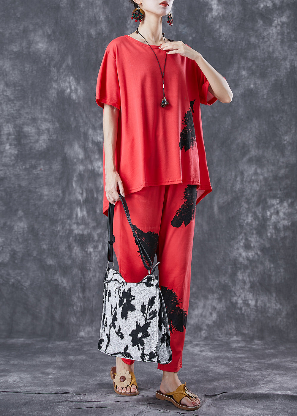 Red Cotton Two Pieces Set Oversized Feathers Print Summer LY6753 - fabuloryshop
