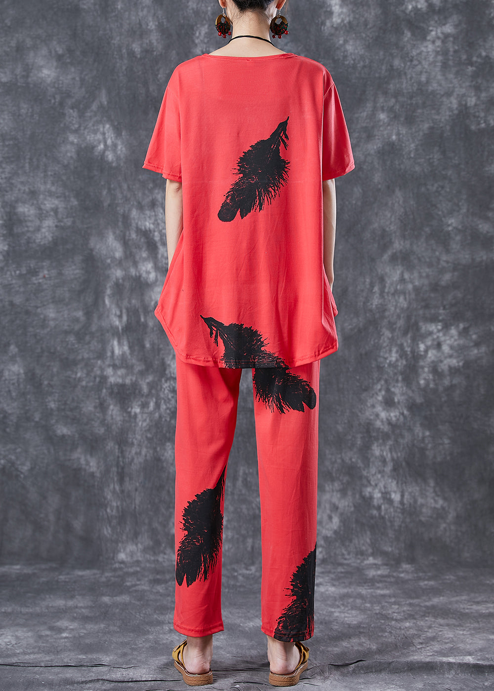 Red Cotton Two Pieces Set Oversized Feathers Print Summer LY6753 - fabuloryshop