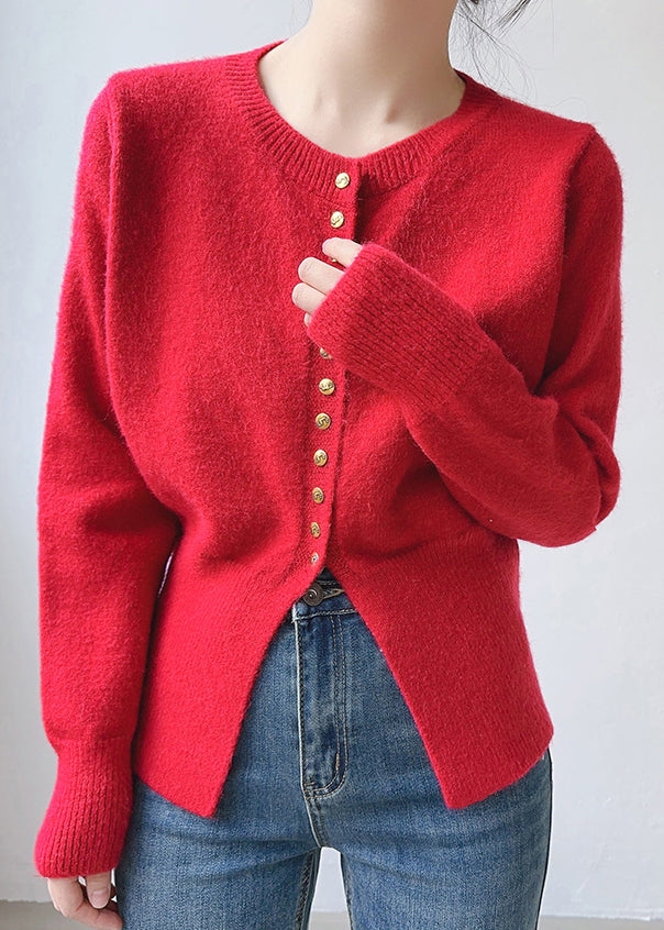 Red Cotton Knit Top O Neck Long Sleeve