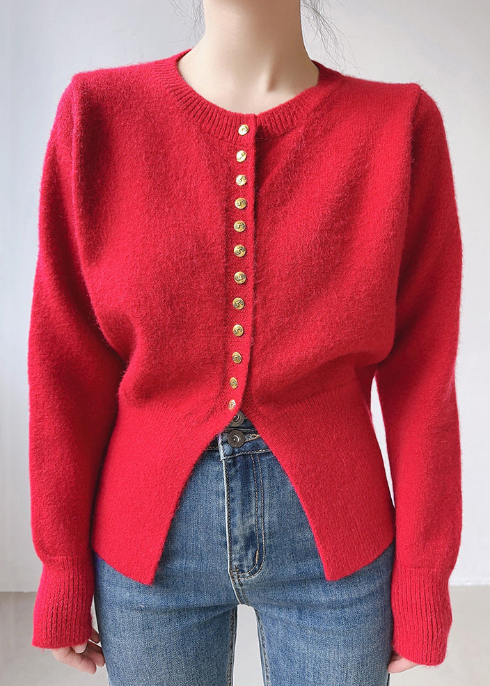 Red Cotton Knit Top O Neck Long Sleeve