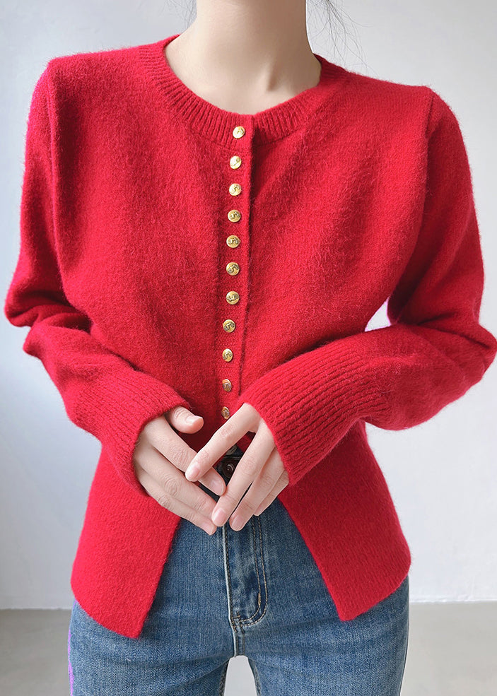 Red Cotton Knit Top O Neck Long Sleeve