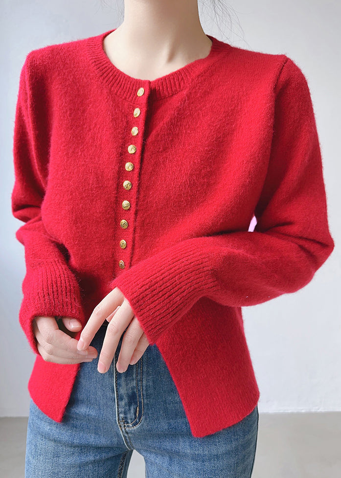 Red Cotton Knit Top O Neck Long Sleeve