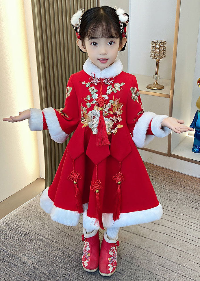 Red Embroideried Fur Collar Thick Kids Maxi Dresses Long Sleeve Ada Fashion