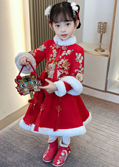 Red Embroideried Fur Collar Thick Kids Maxi Dresses Long Sleeve Ada Fashion