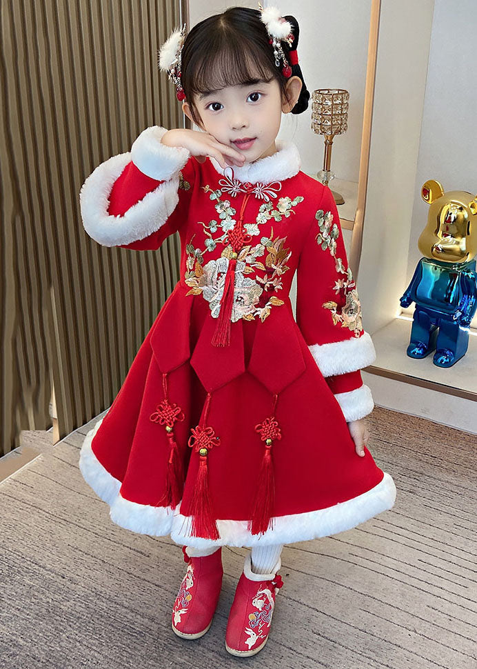 Red Embroideried Fur Collar Thick Kids Maxi Dresses Long Sleeve Ada Fashion