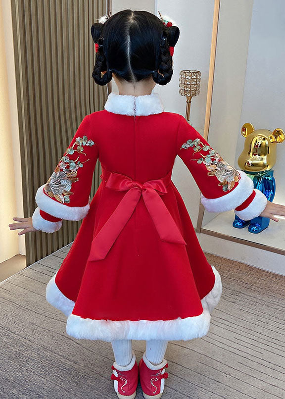 Red Embroideried Fur Collar Thick Kids Maxi Dresses Long Sleeve Ada Fashion