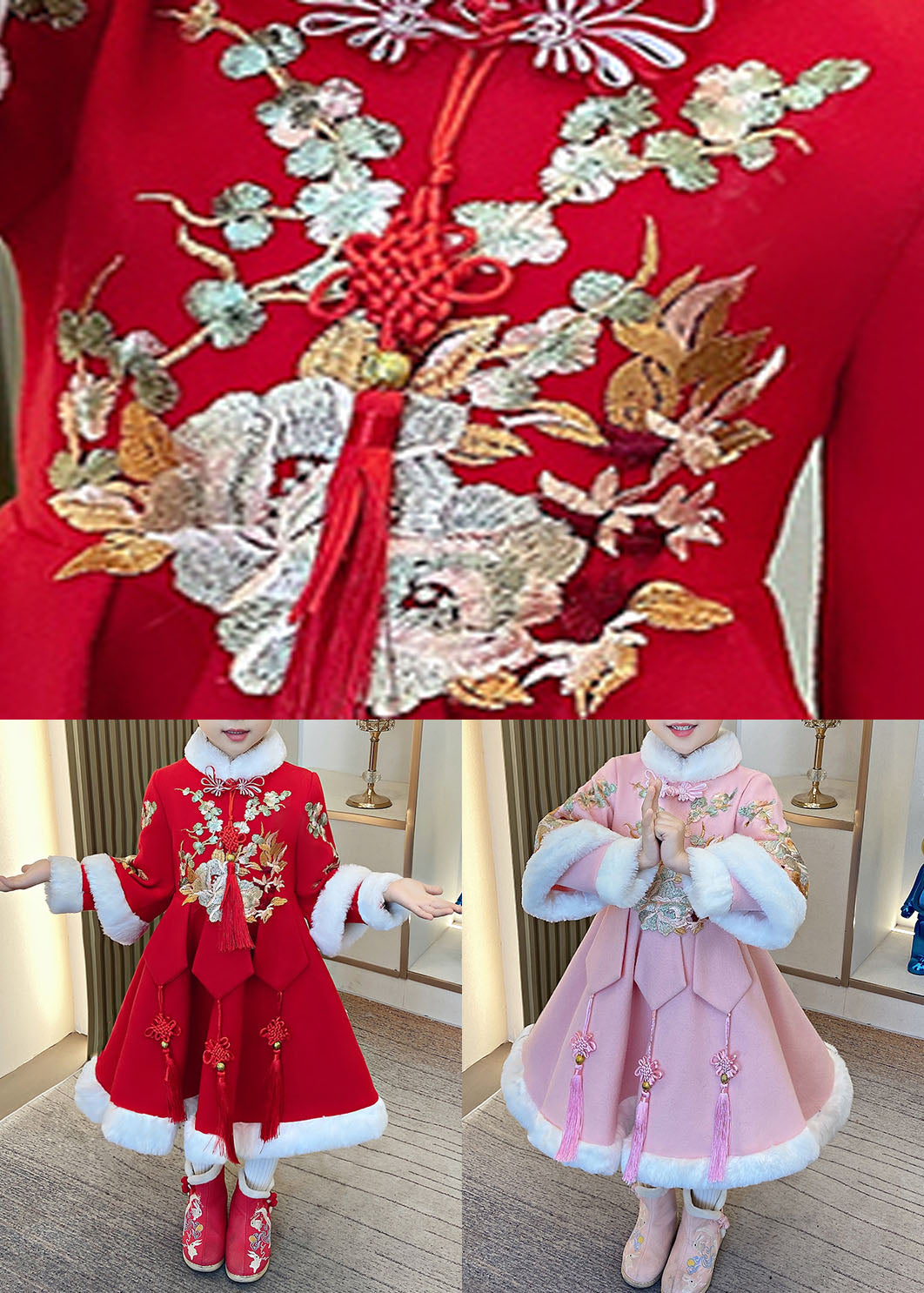 Red Embroideried Fur Collar Thick Kids Maxi Dresses Long Sleeve Ada Fashion