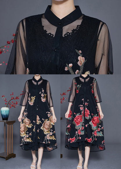 Red Floral Embroideried Tulle Two Piece Set Hollow Out Slim Fit Summer LY3618 - fabuloryshop