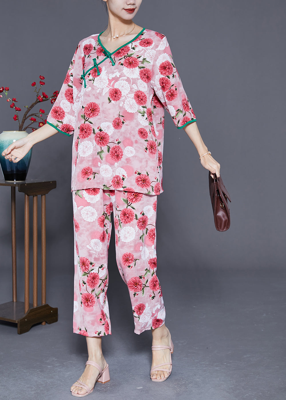 Red Floral Print Silk Two Pieces Set V Neck Chinese Button Half Sleeve LY3657 - fabuloryshop