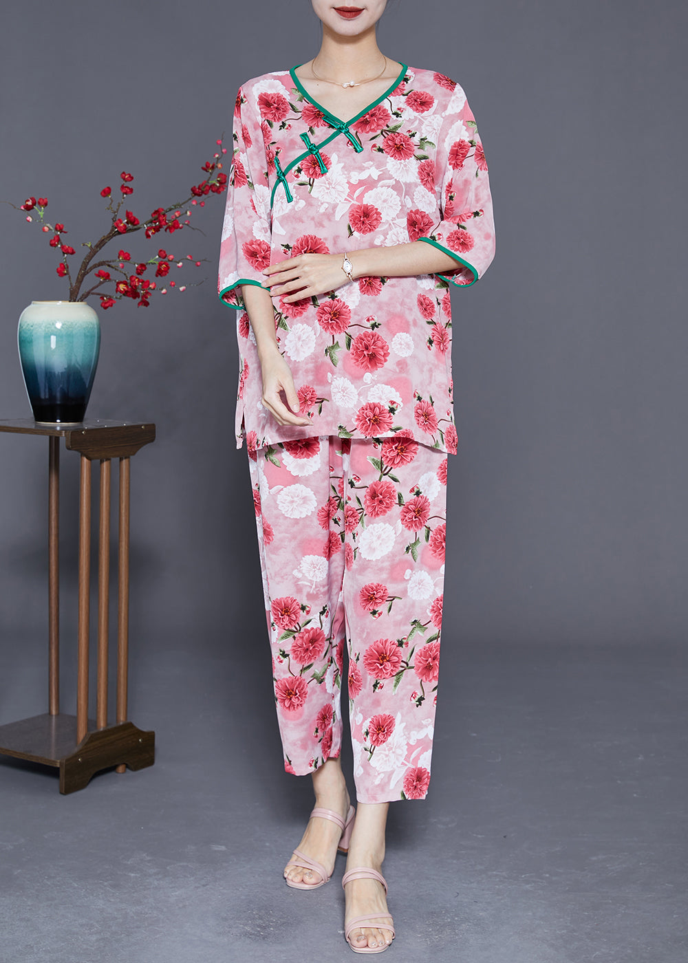 Red Floral Print Silk Two Pieces Set V Neck Chinese Button Half Sleeve LY3657 - fabuloryshop