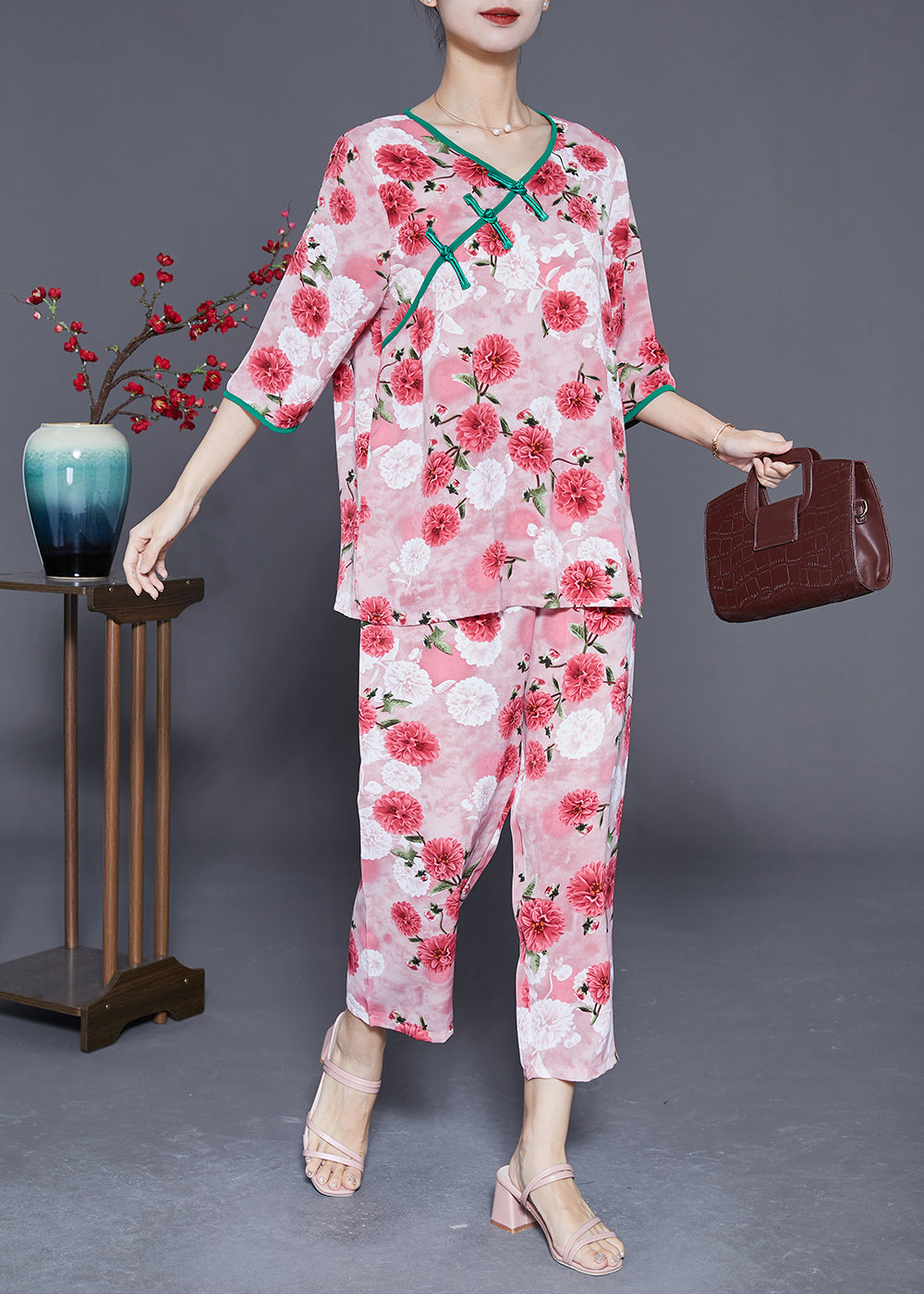 Red Floral Print Silk Two Pieces Set V Neck Chinese Button Half Sleeve LY3657 - fabuloryshop