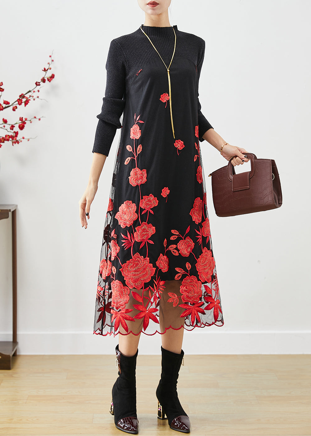 Red Floral Silm Fit Knit Long Dress Embroideried Fall Ada Fashion