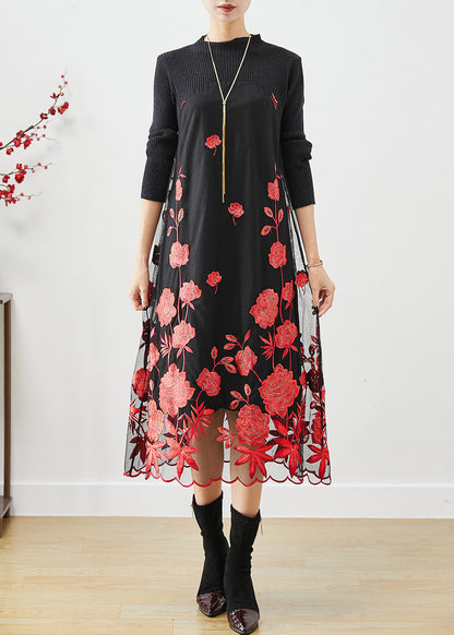 Red Floral Silm Fit Knit Long Dress Embroideried Fall Ada Fashion