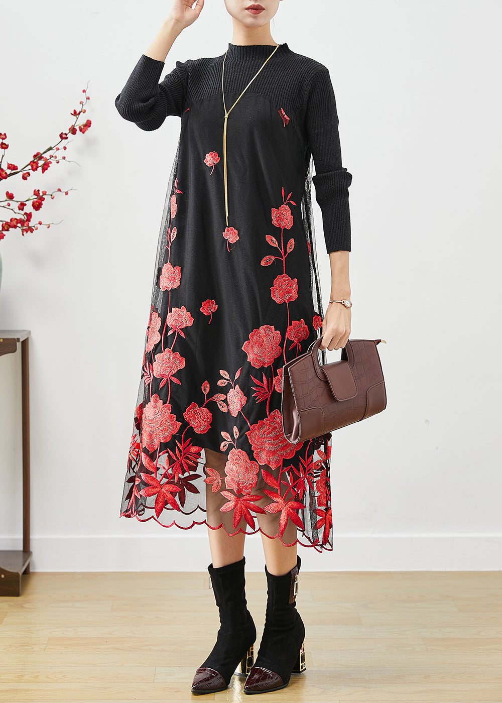 Red Floral Silm Fit Knit Long Dress Embroideried Fall Ada Fashion