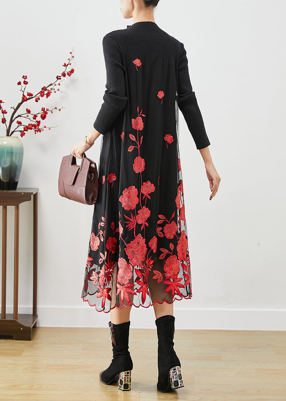 Red Floral Silm Fit Knit Long Dress Embroideried Fall Ada Fashion