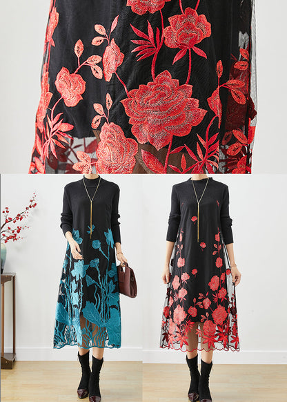 Red Floral Silm Fit Knit Long Dress Embroideried Fall Ada Fashion