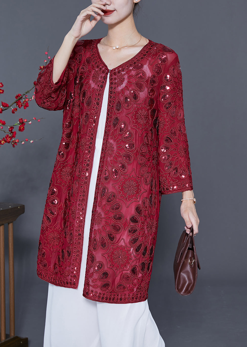 Red Hollow Out Tulle UPF 50+ Cardigans Embroideried Summer LY5568 - fabuloryshop