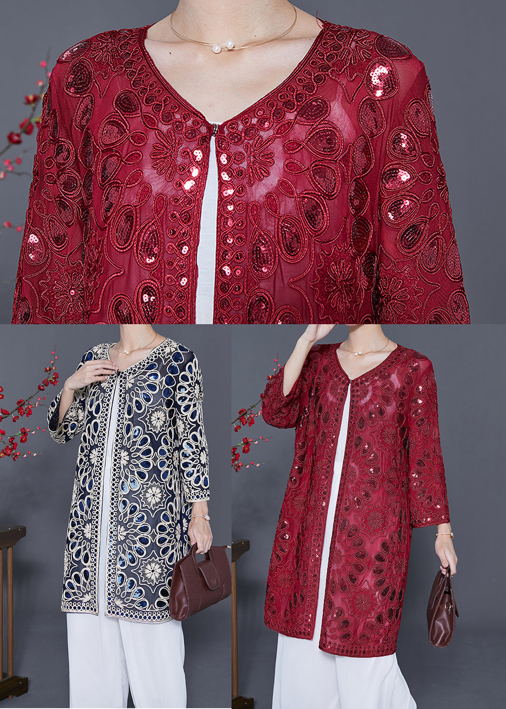 Red Hollow Out Tulle UPF 50+ Cardigans Embroideried Summer LY5568 - fabuloryshop