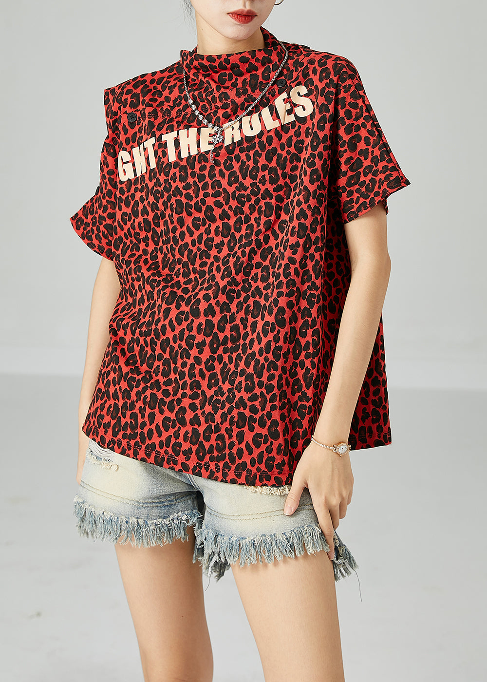 Red Leopard Print Cotton Tanks Stand Collar Cold Shoulder Summer LY2449 - fabuloryshop