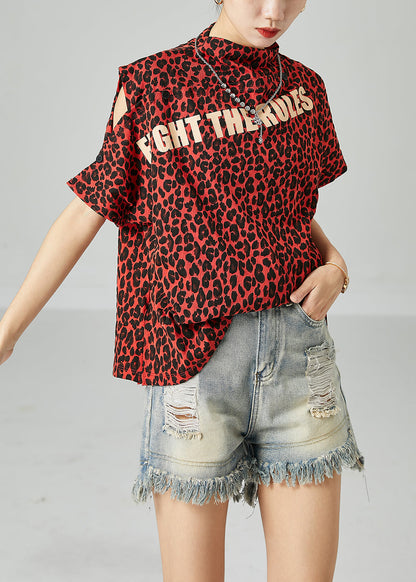 Red Leopard Print Cotton Tanks Stand Collar Cold Shoulder Summer LY2449 - fabuloryshop