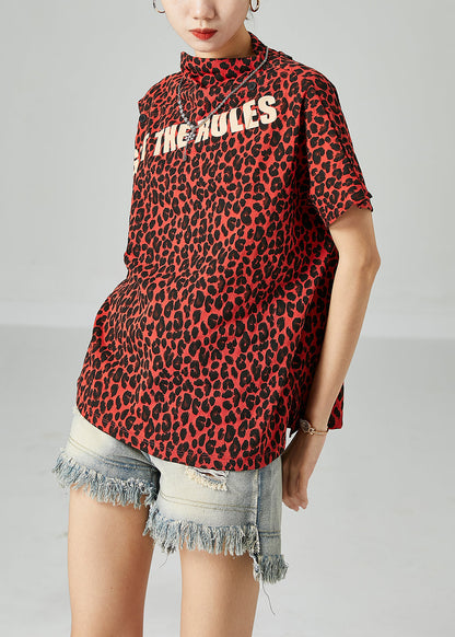 Red Leopard Print Cotton Tanks Stand Collar Cold Shoulder Summer LY2449 - fabuloryshop