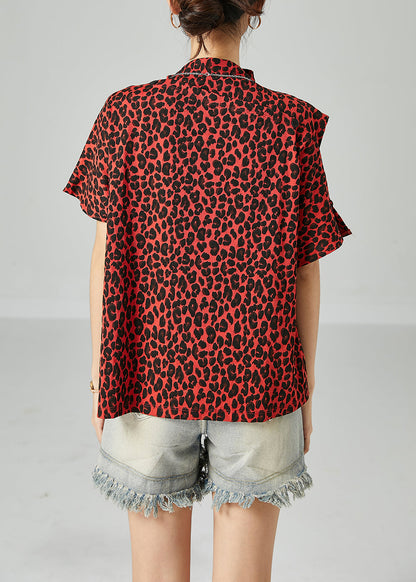 Red Leopard Print Cotton Tanks Stand Collar Cold Shoulder Summer LY2449 - fabuloryshop