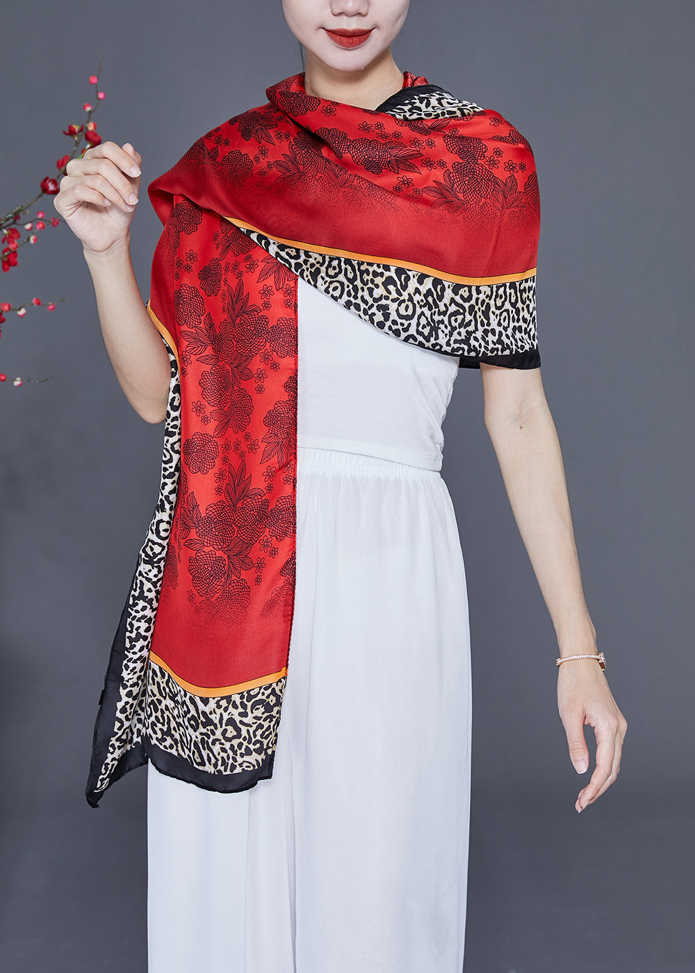 Red Leopard Print Hooded Silk Scarf Hooded LY2406 - fabuloryshop