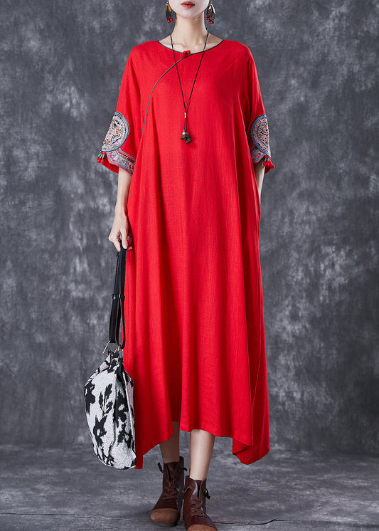 Red Linen Dresses Embroideried Exra Large Hem Half Sleeve Ada Fashion