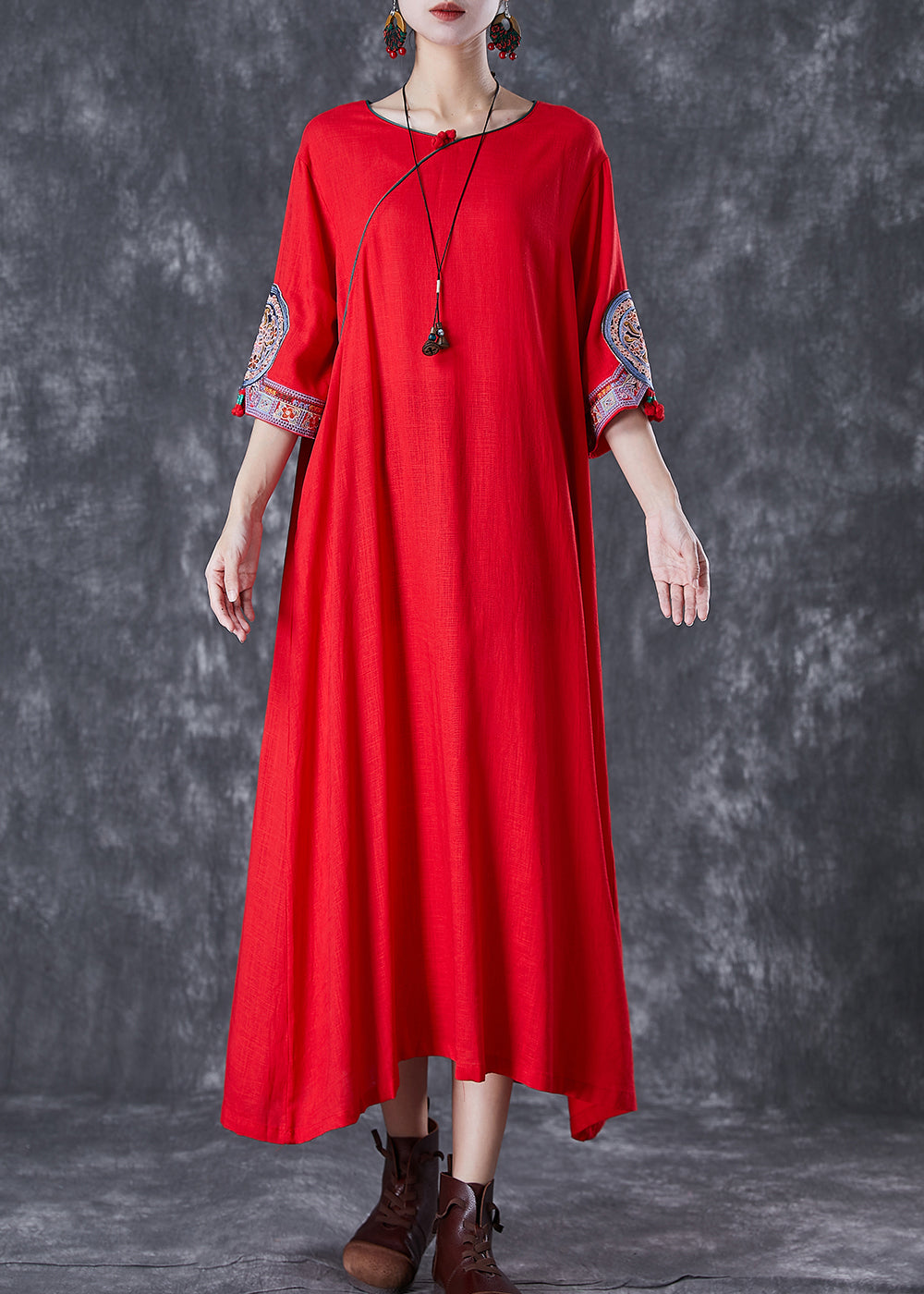 Red Linen Dresses Embroideried Exra Large Hem Half Sleeve Ada Fashion
