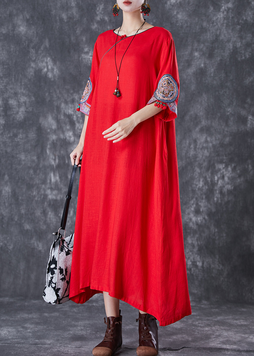 Red Linen Dresses Embroideried Exra Large Hem Half Sleeve Ada Fashion