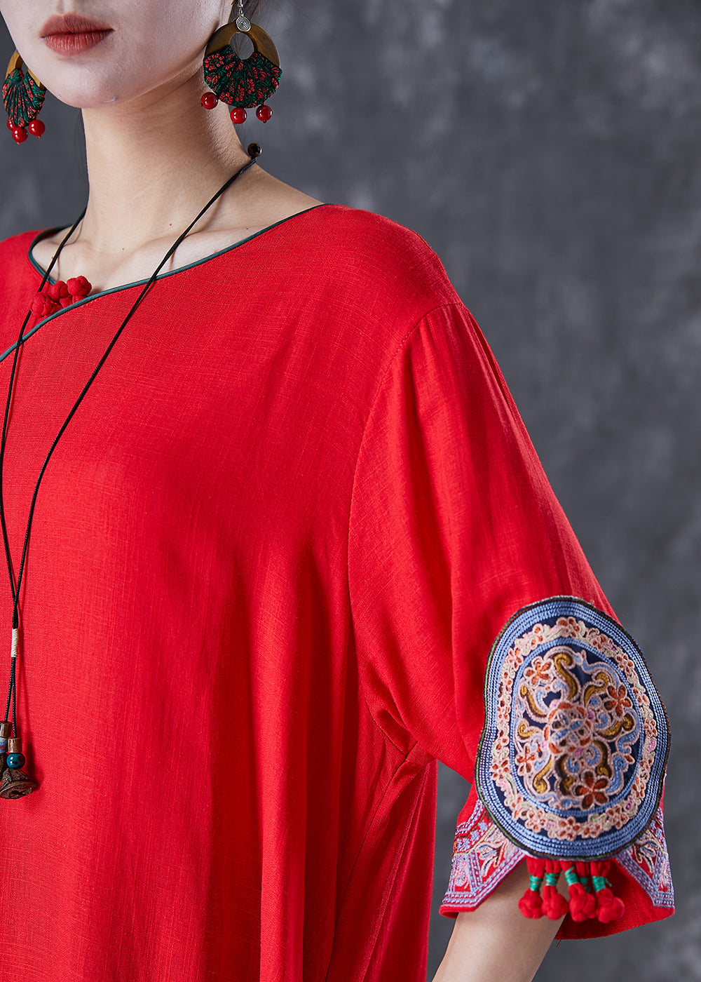 Red Linen Dresses Embroideried Exra Large Hem Half Sleeve Ada Fashion