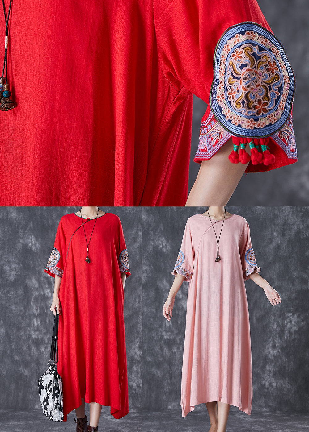 Red Linen Dresses Embroideried Exra Large Hem Half Sleeve Ada Fashion