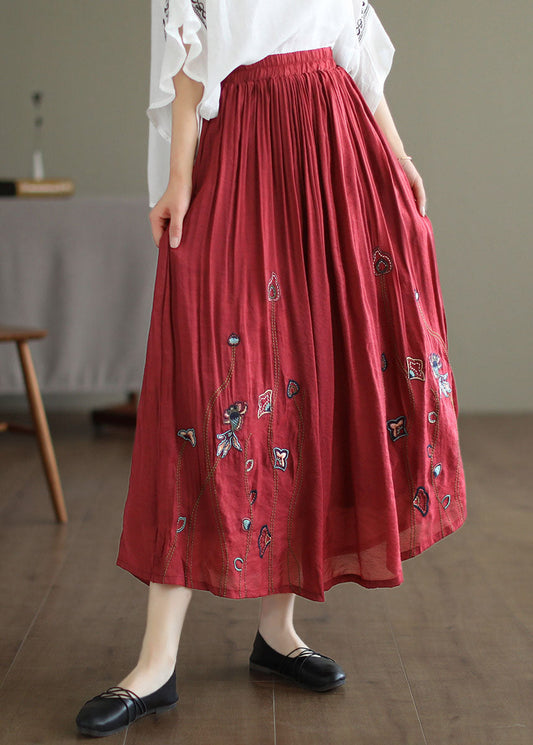 Red Linen Silk A Line Skirts Embroideried Exra Large Hem Spring TG1054 - fabuloryshop