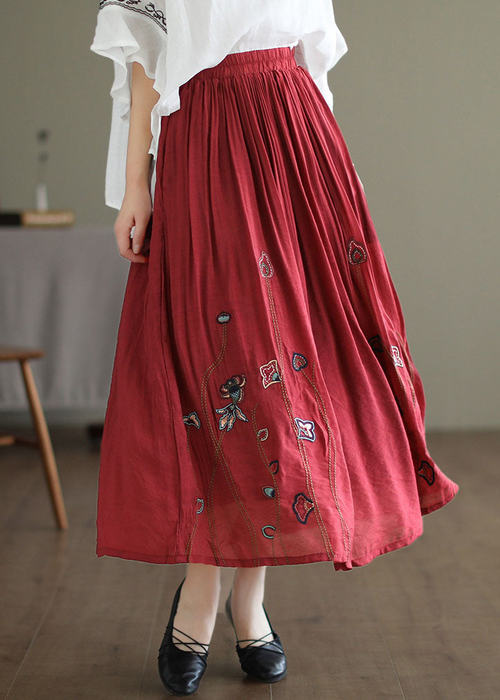 Red Linen Silk A Line Skirts Embroideried Exra Large Hem Spring TG1054 - fabuloryshop